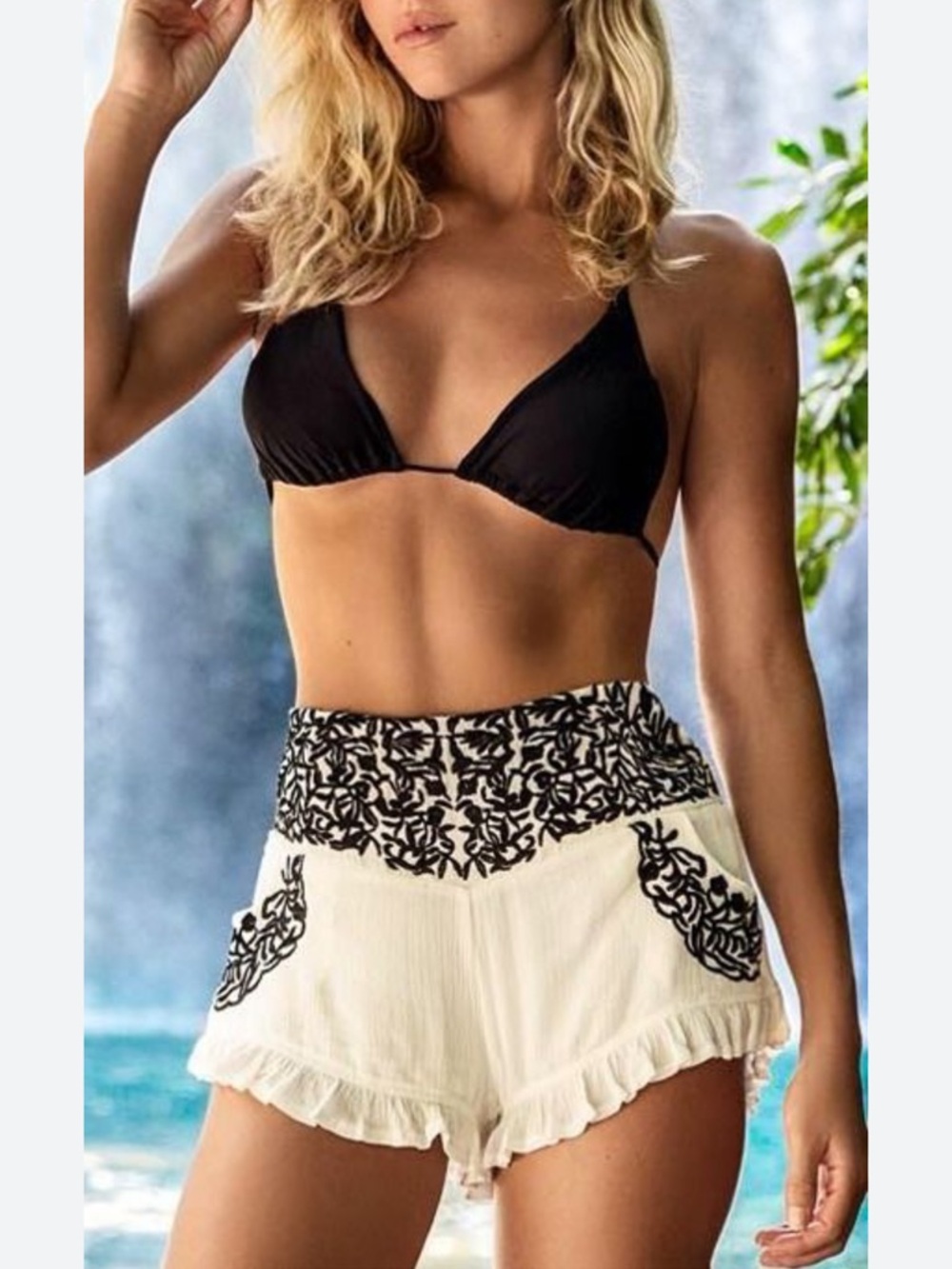 LF Cream High-Waist Embroidered Shorts with Black Accents